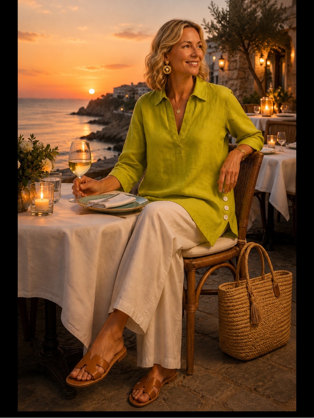 Tahari 100% Linen Lime Green Tunic Blouse 1X Mother-of-Pearl Side Slit Buttons - Picture 14 of 16